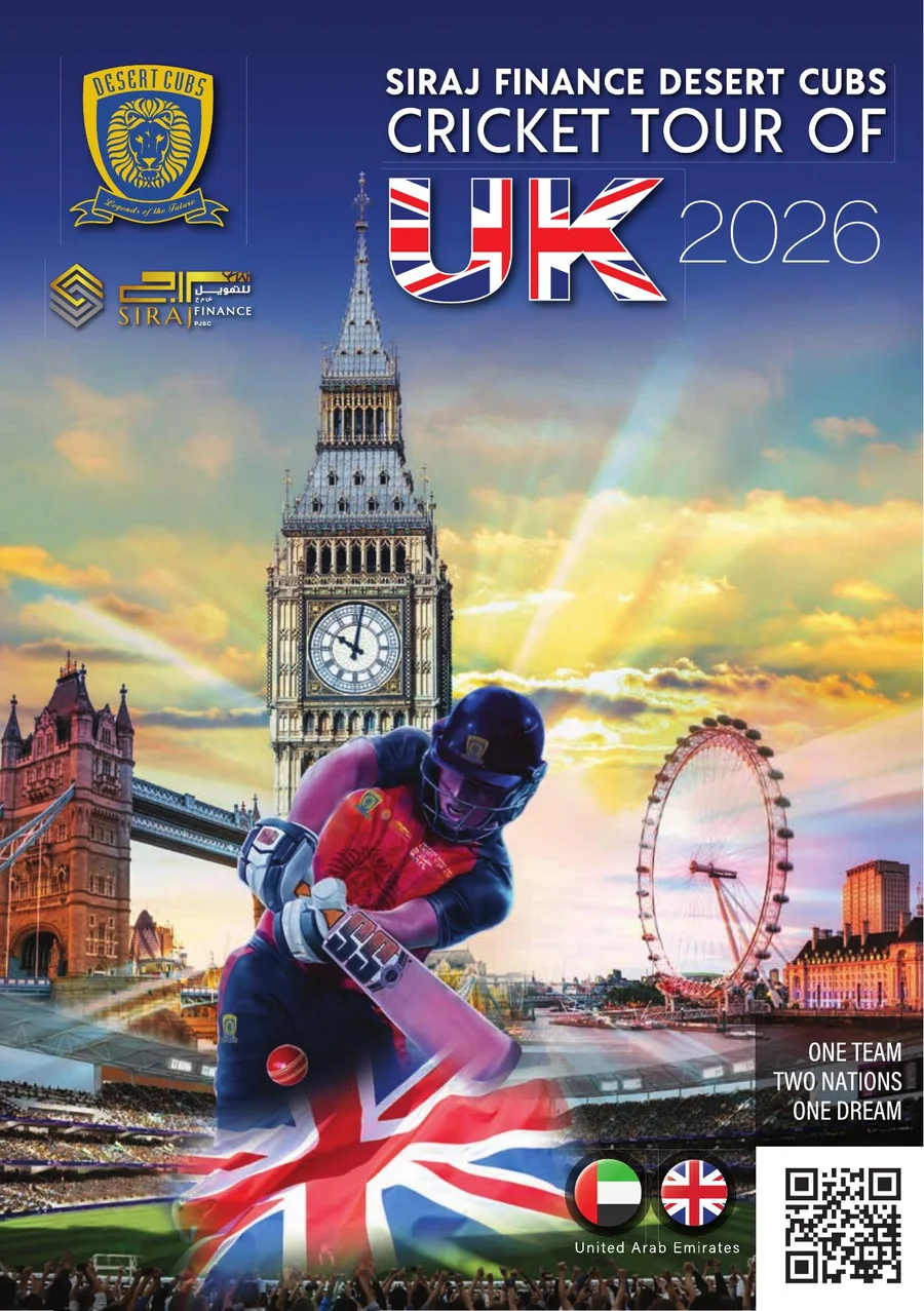 Cover of the Siraj Finance Desert Cubs Cricket Tour of UK 2026 annual magazine