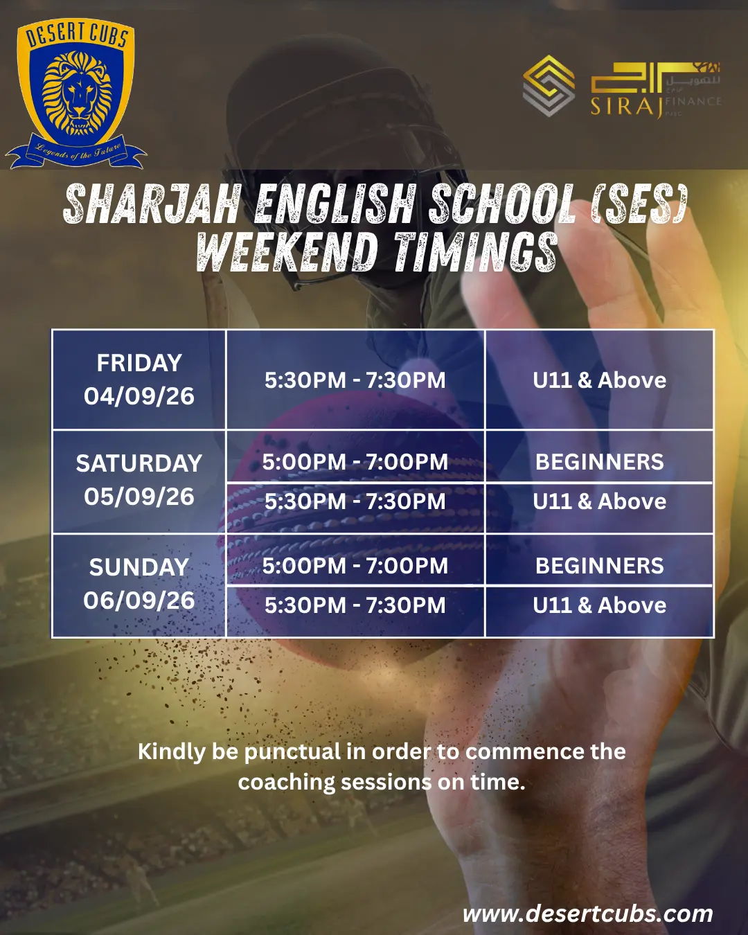 Current Sharjah English School weekend cricket coaching timetable