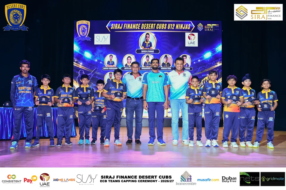 Desert Cubs players and coaches together on stage at the ECB capping ceremony — photograph 7127