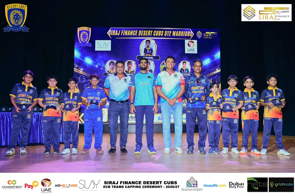 Desert Cubs players and coaches together on stage at the ECB capping ceremony — photograph 7169