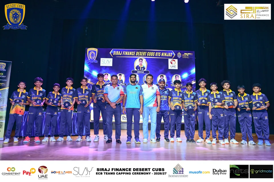 Desert Cubs players and coaches together on stage at the ECB capping ceremony — photograph 7269