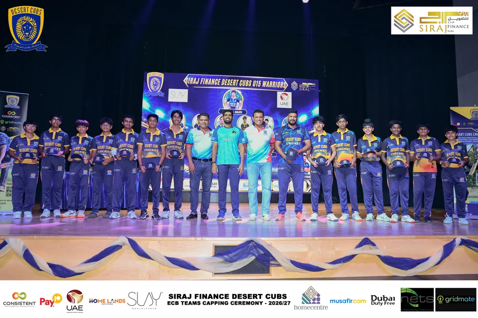 Desert Cubs players and coaches together on stage at the ECB capping ceremony — photograph 7329