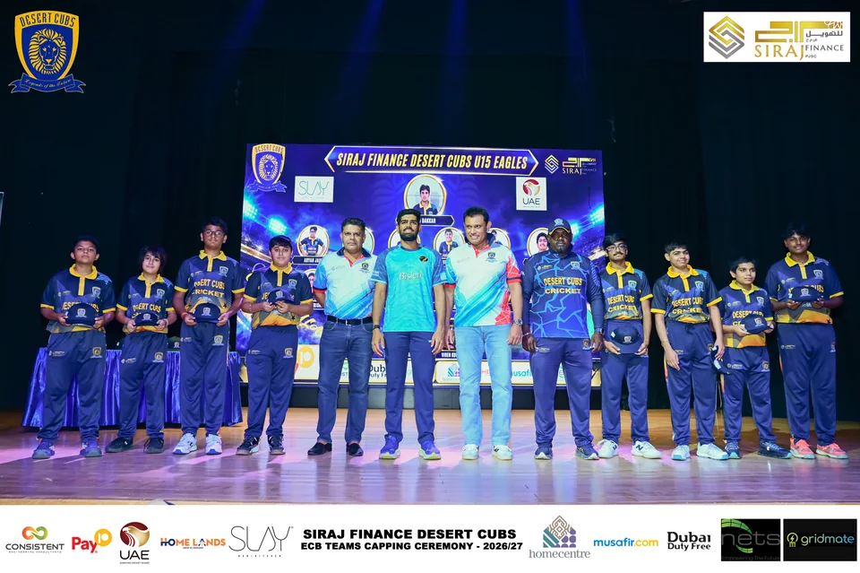 Desert Cubs players and coaches together on stage at the ECB capping ceremony — photograph 7355