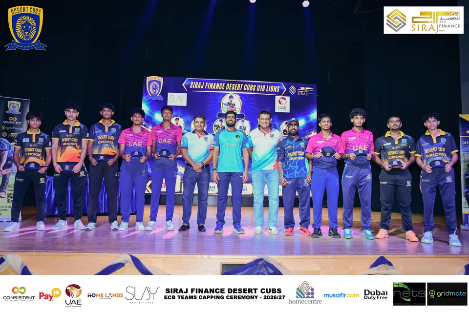 Desert Cubs players and coaches together on stage at the ECB capping ceremony — photograph 7380