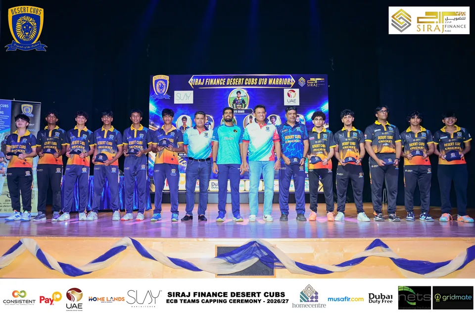 Desert Cubs players and coaches together on stage at the ECB capping ceremony — photograph 7457