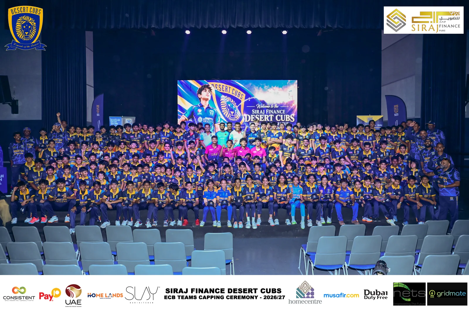 Siraj Finance Desert Cubs players and coaches assembled for the ECB National Academy League Championship 2026/27 capping ceremony