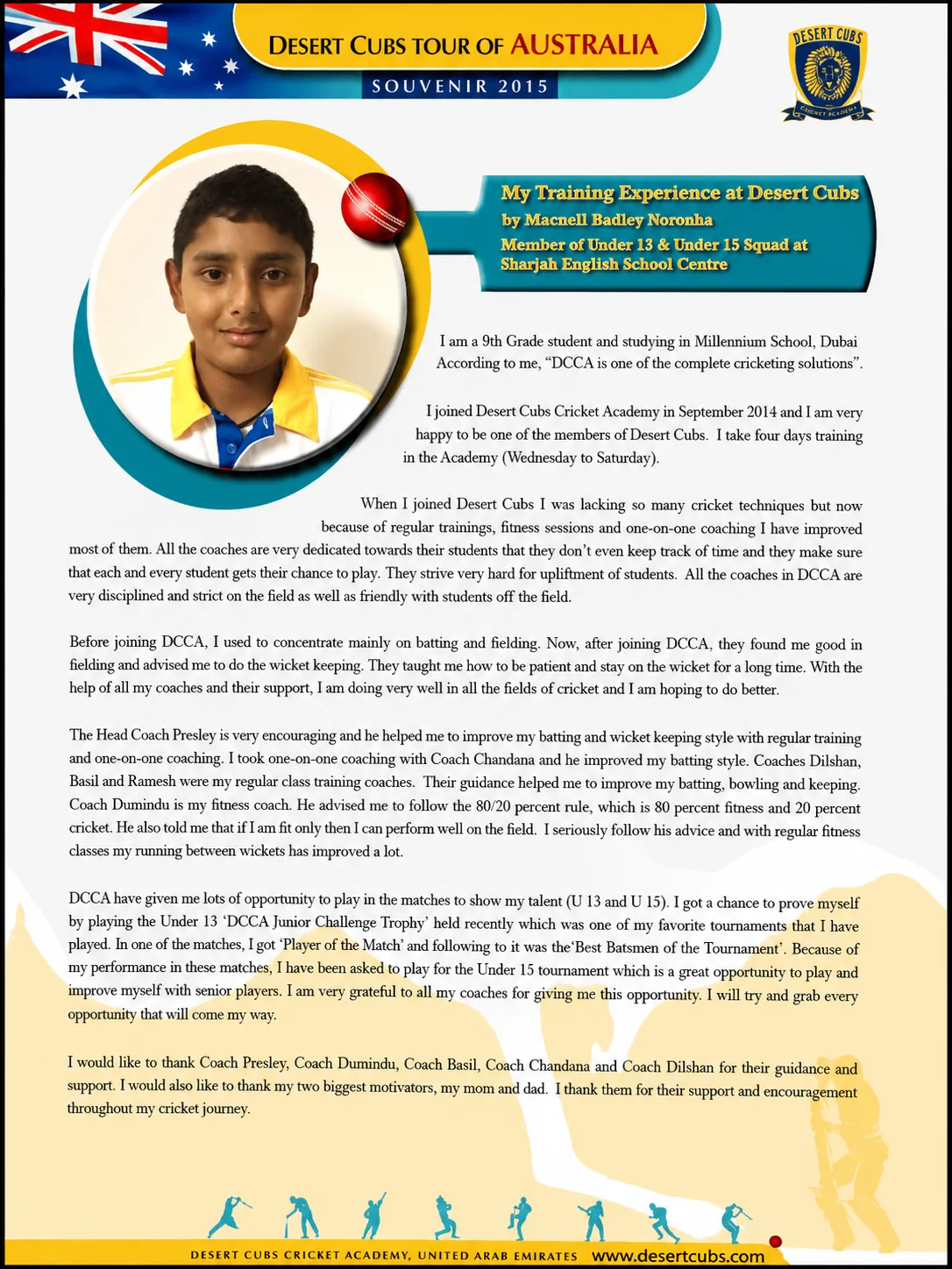 Macneil Hadley Noronha 2015 Desert Cubs Australia tour article about his academy training experience