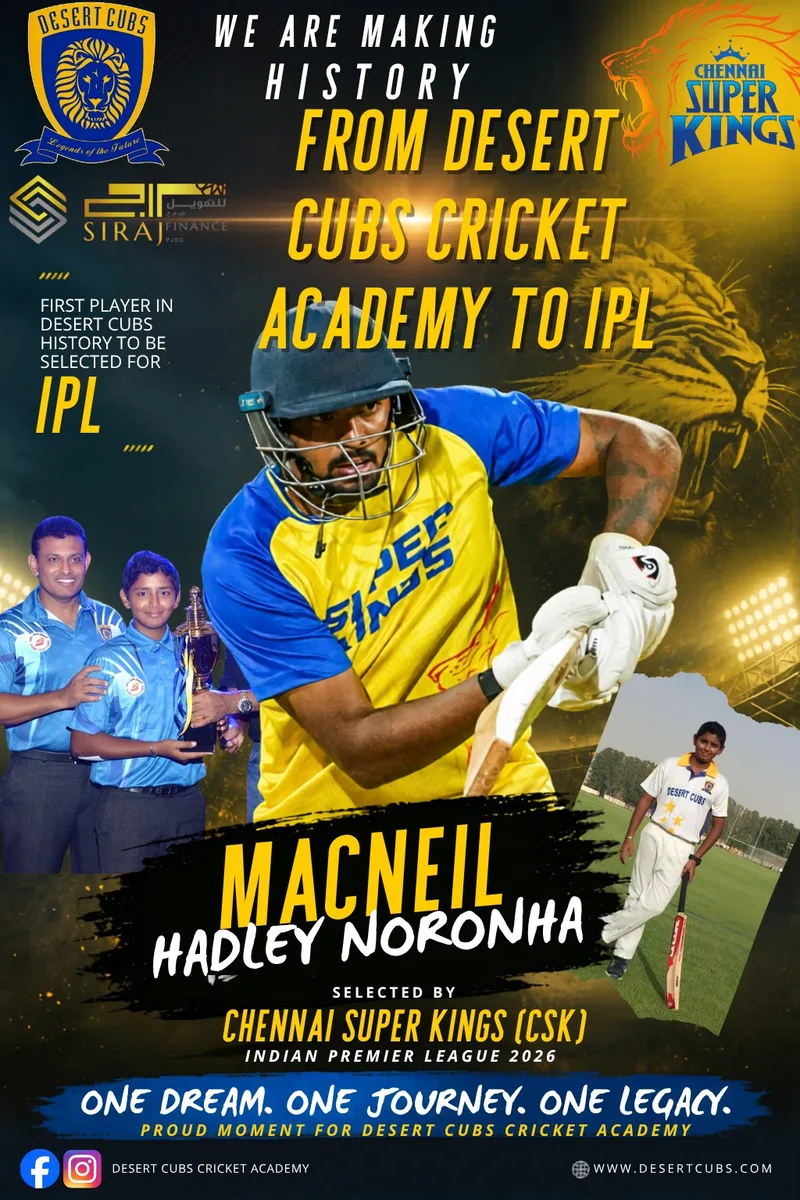 Desert Cubs announcement flyer for Macneil Hadley Noronha selected by Chennai Super Kings IPL 2026